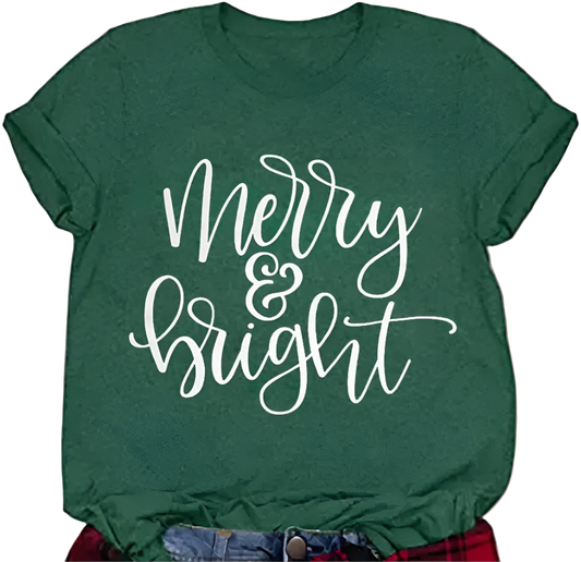 Green t-shirt with 'Merry & Bright' text, worn with plaid shirt and jeans.