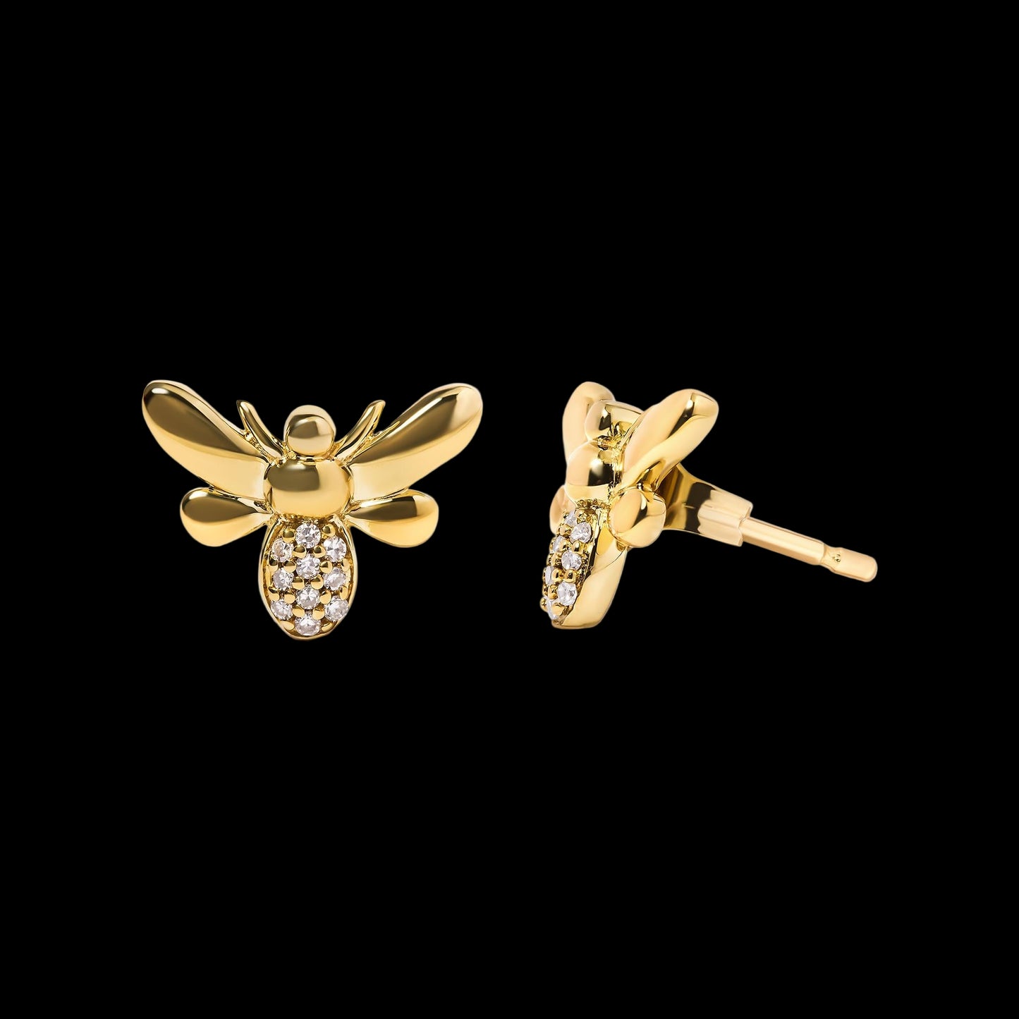 Gold bee-shaped earrings with embedded stones on a white background
