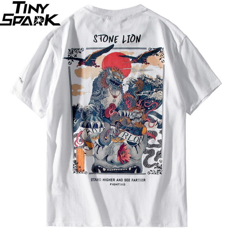 Harajuku T Shirt Men Hip Hop T-Shirt Stone Lion Chinese Streetwear Summer Tshirts Short Sleeve Cotton Tops Tees Hipster New