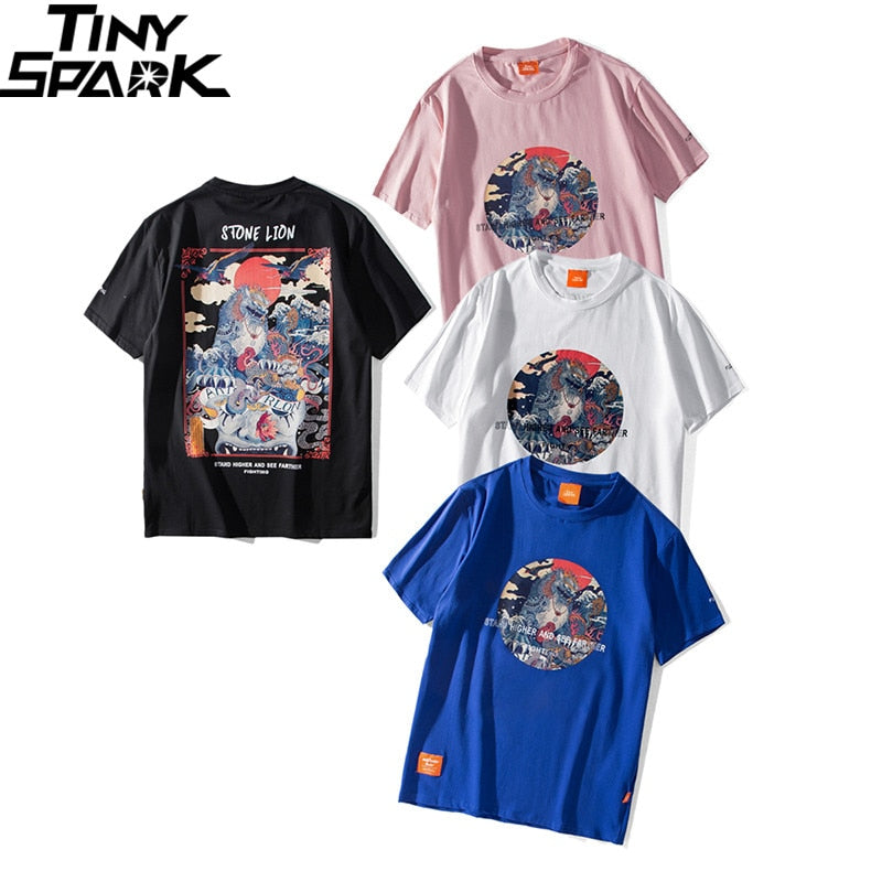 Harajuku T Shirt Men Hip Hop T-Shirt Stone Lion Chinese Streetwear Summer Tshirts Short Sleeve Cotton Tops Tees Hipster New