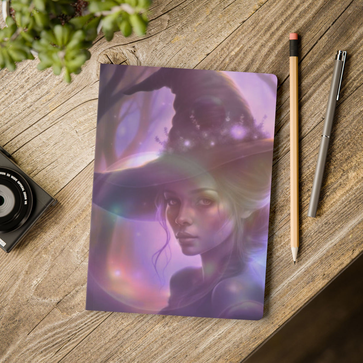 Notebook with a colorful illustration of a woman on a wooden surface with a pencil and pen.