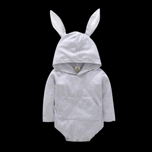 Gray baby onesie with bunny ears on a white background