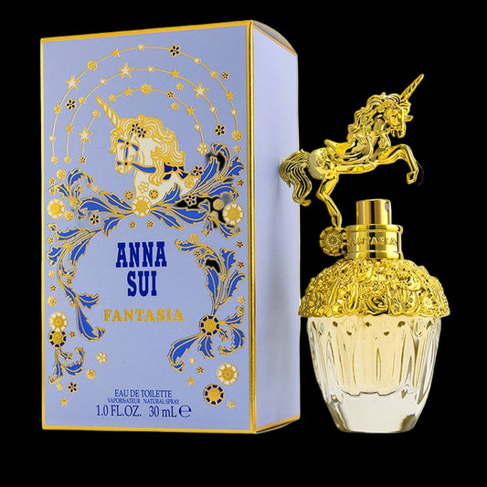 Anna Sui Fantasia perfume bottle and packaging with unicorn design on a white background