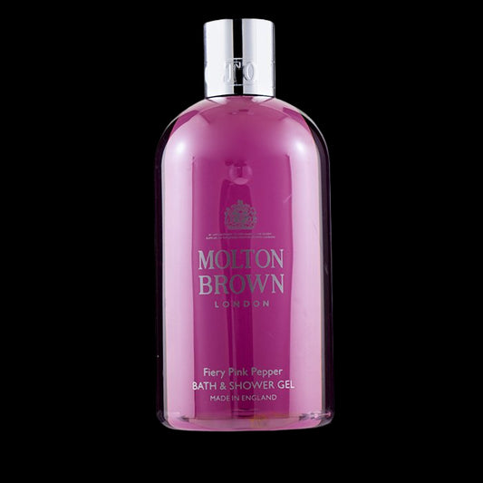 Molton Brown Fiery Pink Pepper bath and shower gel bottle on a white background