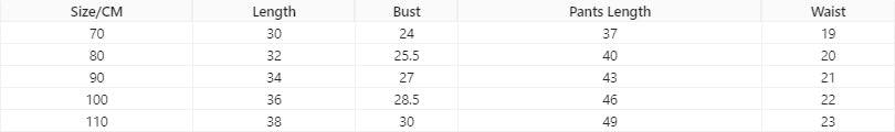 Table displaying measurements for clothing sizes in centimeters and inches.