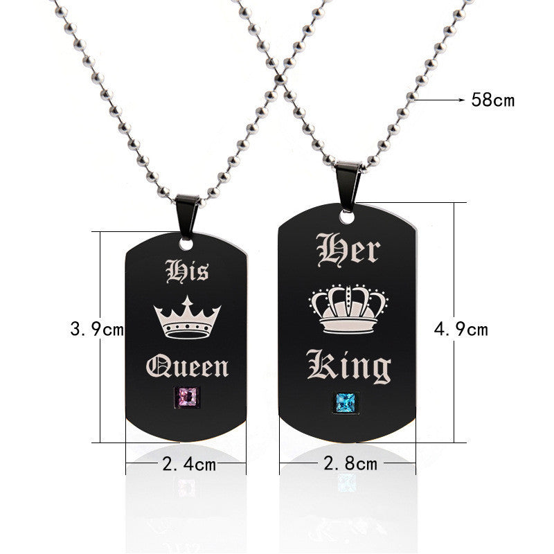 Two black dog tag necklaces with engraved text and gemstones, shown with measurements.