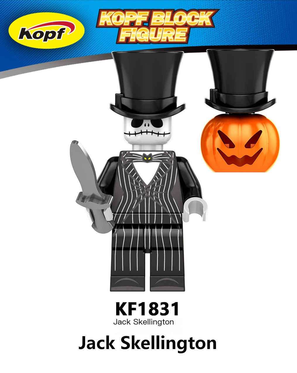 Jack Skellington figure with a pumpkin and Kopf Block branding on a blue and white background.