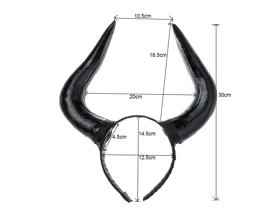 Black decorative headband with measurements on a white background
