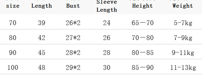 Table displaying garment measurements and weight ranges for different sizes.