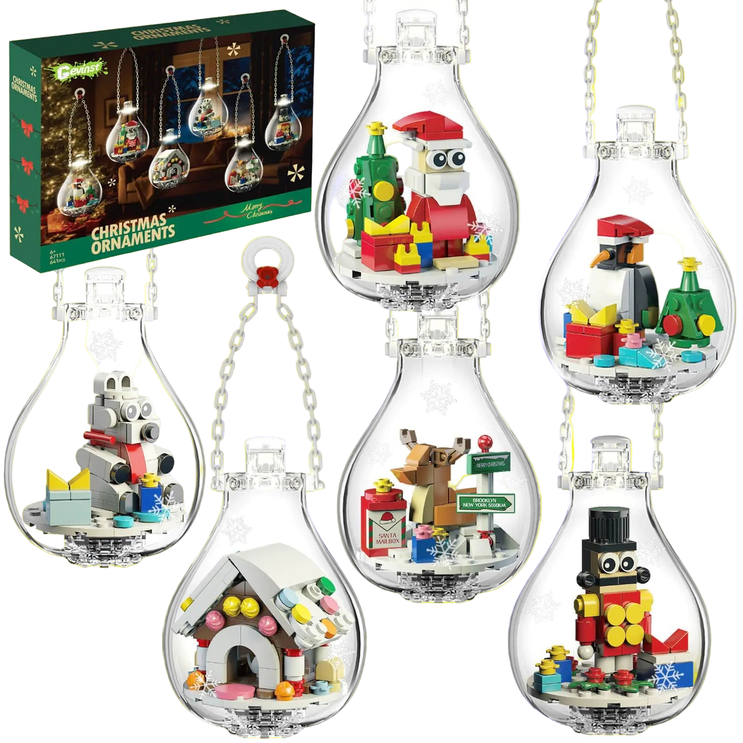 Set of Christmas-themed LEGO ornaments in clear bulb-shaped containers with a box in the background.