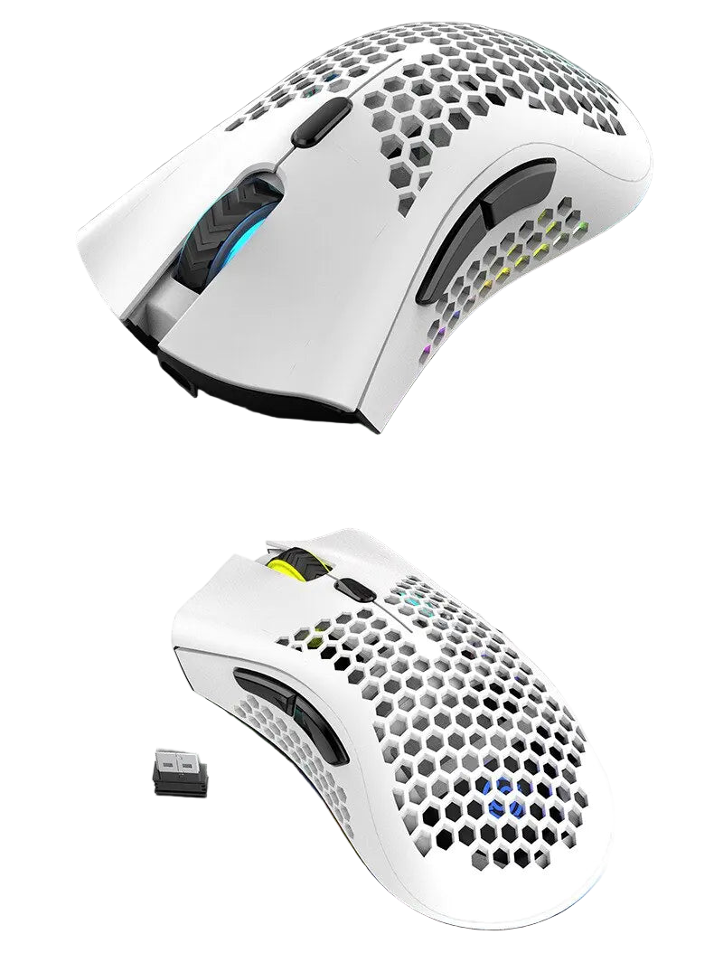 White gaming mouse with RGB lighting on a laptop keyboard