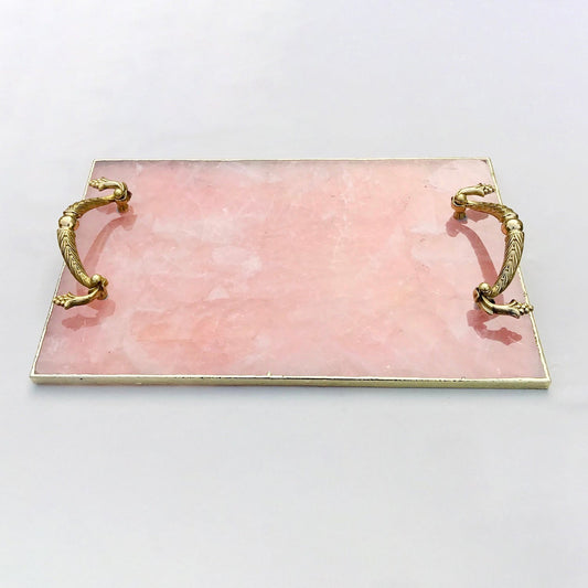 Rose Quartz Agate Tray with Brass Handles for Elegant Serving