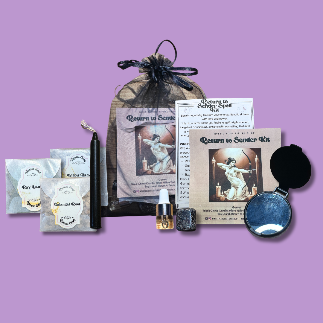 Witchcraft supplies including a bag, candles, and ritual items on a purple background