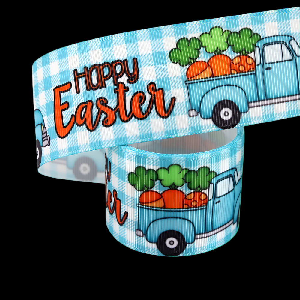 Easter-themed ribbon with a truck and carrots design on a blue and white checkered background.