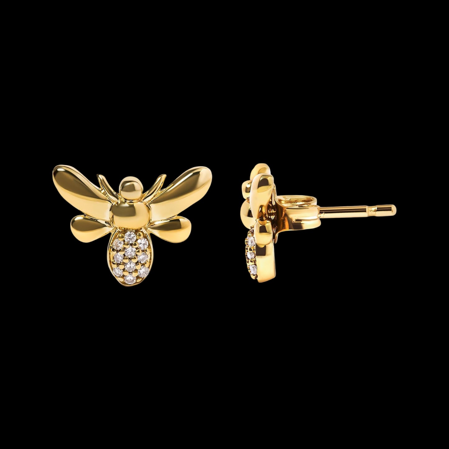 Gold bee-shaped earrings with diamond accents on a white background