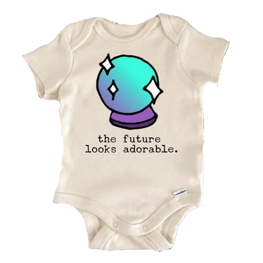 Baby onesie with a colorful design and text on a white background