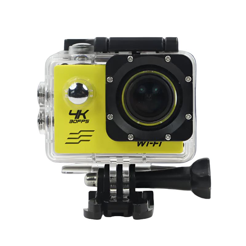Yellow action camera with clear casing on a white background