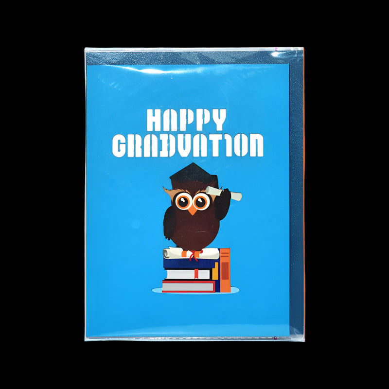 Graduation card with an owl wearing a cap and holding books on a blue background
