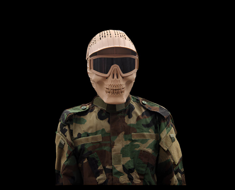 Person wearing a camouflage jacket and skull-patterned mask with a cityscape background