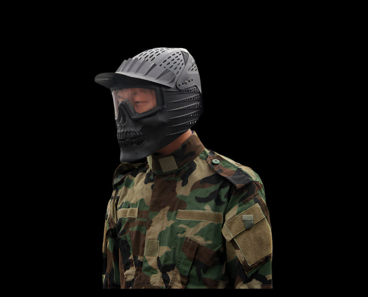 Person wearing a camouflage jacket and skull-patterned helmet with a cityscape in the background