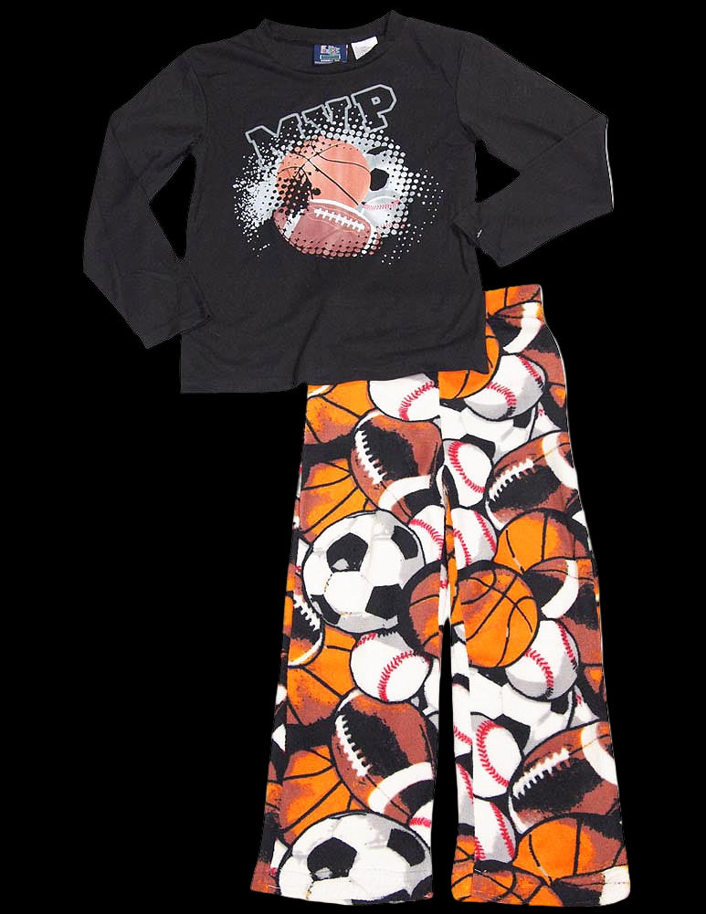 Black long-sleeve shirt with graphic design and colorful sports-themed pants on a white background