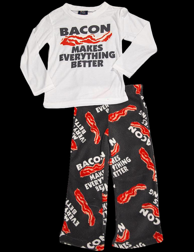 Children's pajama set with 'Bacon Makes Everything Better' text and bacon graphic on a white background.