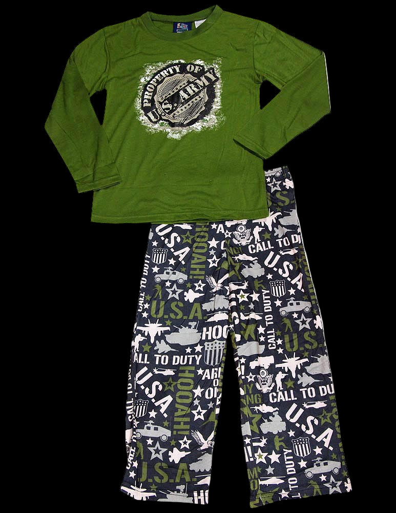 Green long-sleeve shirt and patterned pants set with military-themed design on a white background