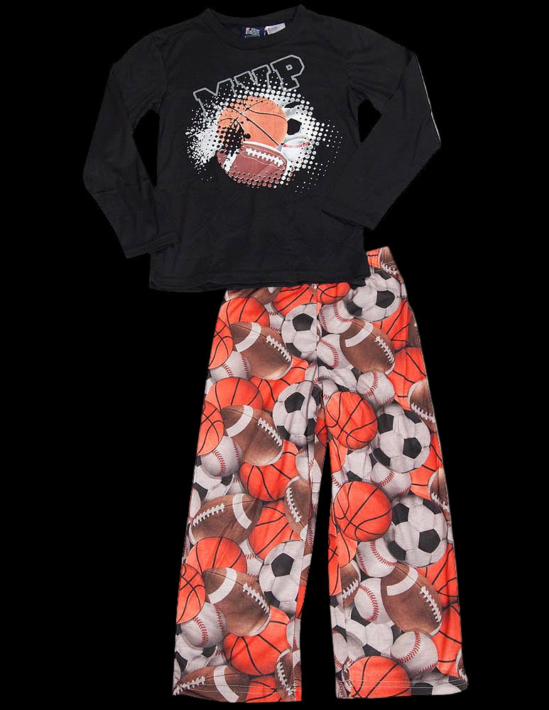 Black long-sleeve shirt with sports-themed design and colorful pants with sports ball pattern on a white background