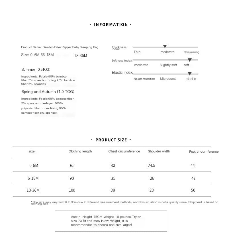 Product information and size chart for a baby sleeping bag on a white background