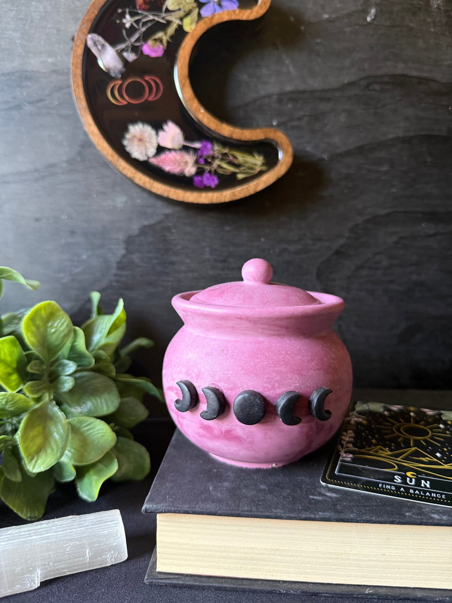 Pink ceramic pot with moon phases on a dark surface with books and plants.