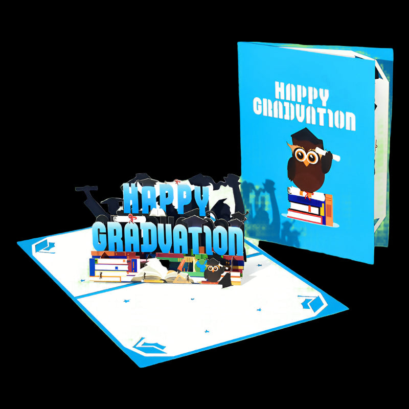 Graduation-themed pop-up card with an owl and books on a white background