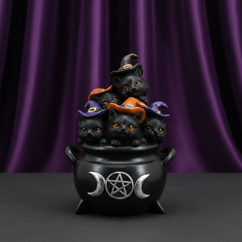 Witchy Halloween Statue - Black Cat Family In Cauldron 3.75" X 3.15"W X 5"H - Lucky Girl Gifts