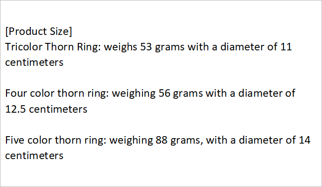 Text describing the product size of thorn rings with weight and diameter information.