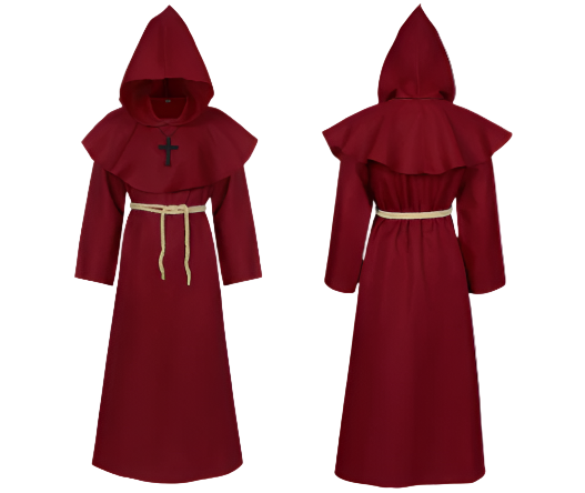 Red hooded robe with a cross emblem on a white background