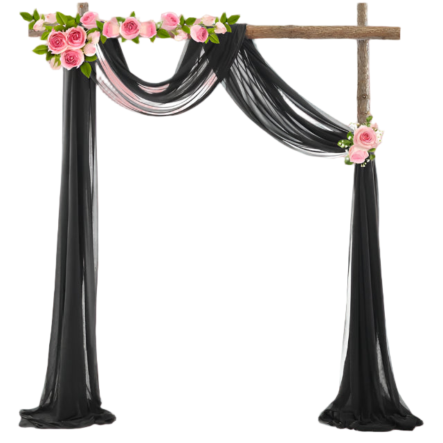Decorative arch with black fabric, pink flowers, and green leaves on a white background
