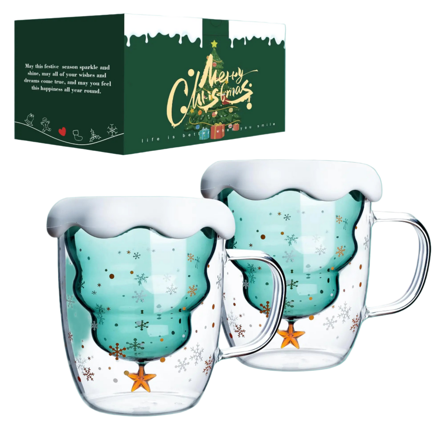 Two glass mugs with snowflake design and a matching Christmas-themed box on a white background.