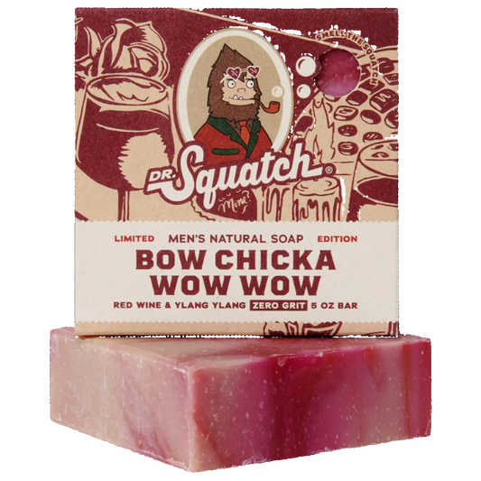 Bar of soap with 'Dr. Squatch' packaging on a white background