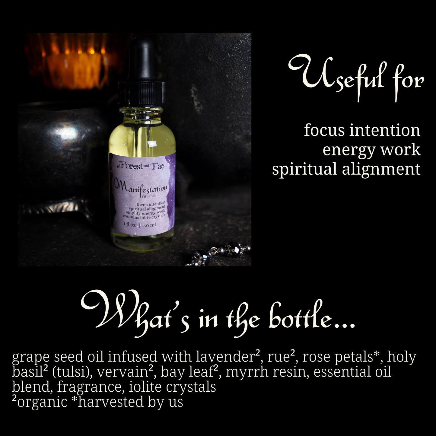 Bottle of elixir with a purple label on a dark background, surrounded by text about its uses and ingredients.