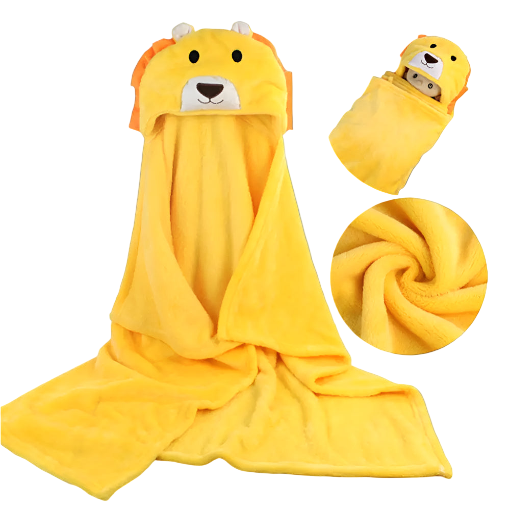 Yellow lion-shaped hooded towel with close-up details on a white background
