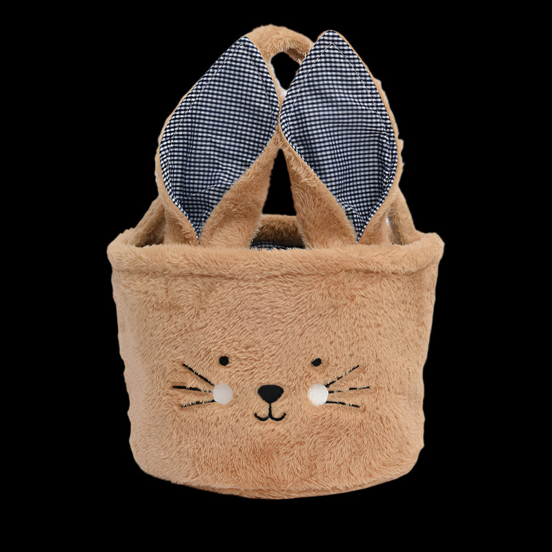 Plush bunny basket with checkered ears on a light gray background