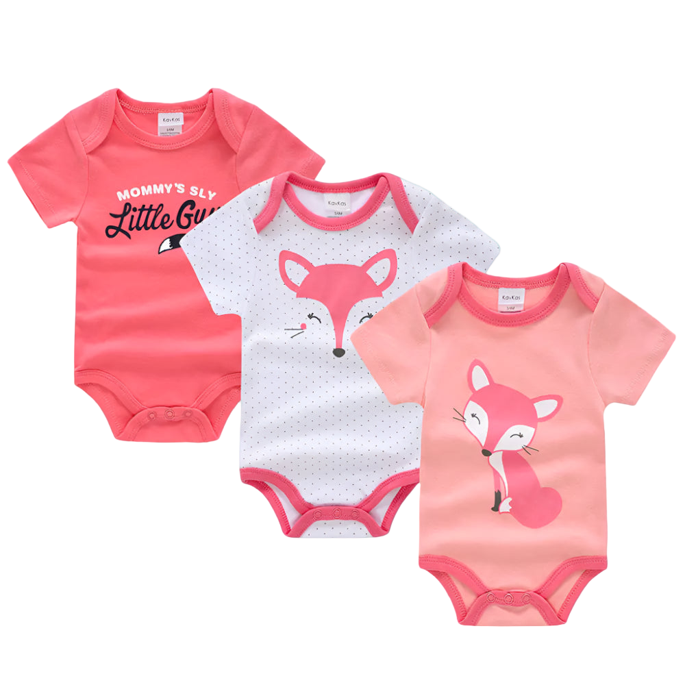 Three baby bodysuits with fox designs on a white background