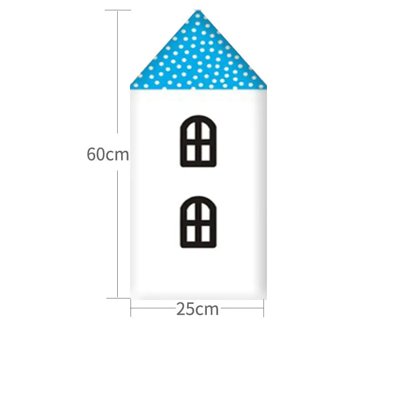 Measurement chart of a small house with a blue roof and windows, showing dimensions.