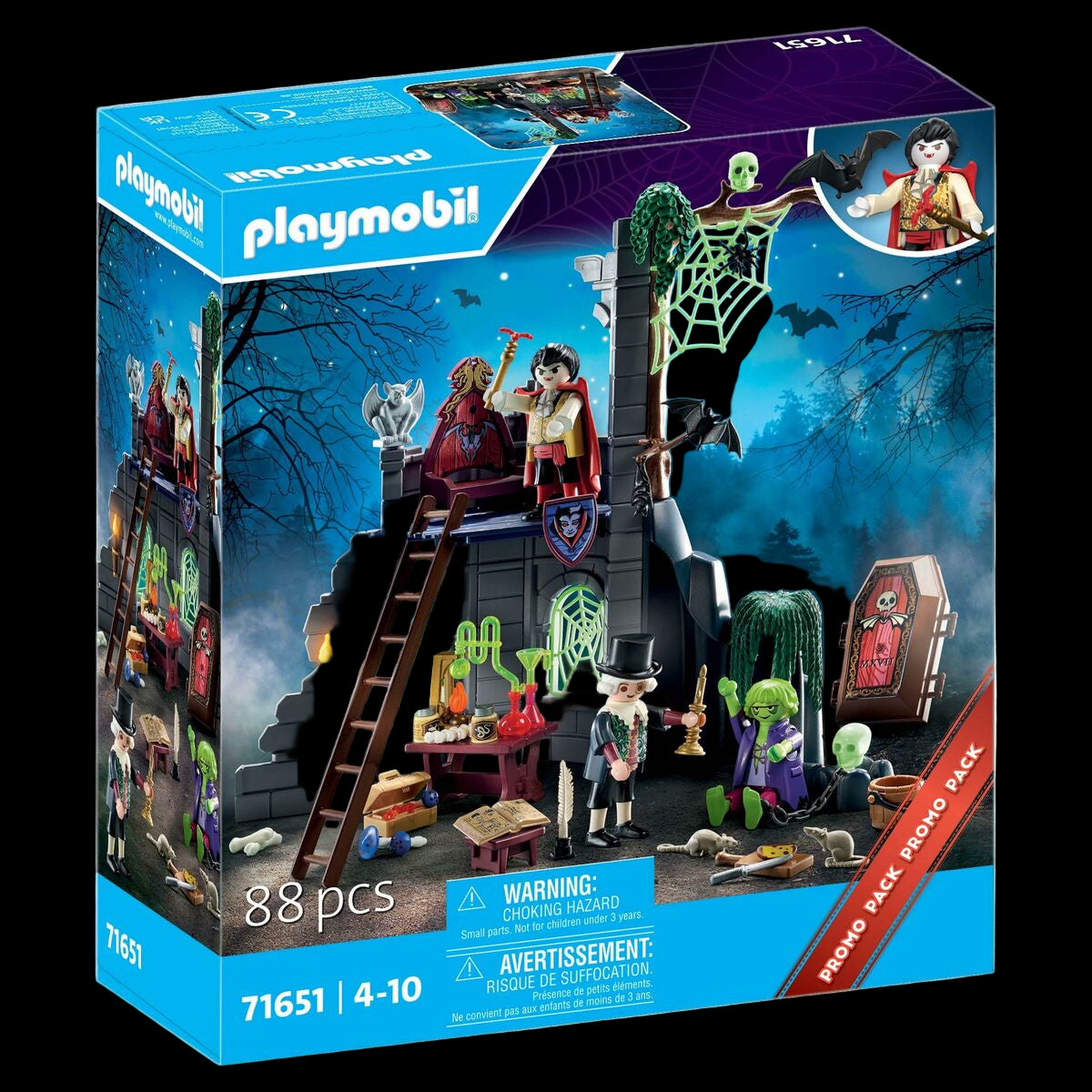 Playmobil Halloween set packaging with spooky scene and characters on a blue background