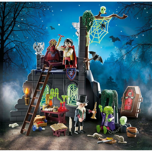 Playmobil Halloween set with characters and spooky decorations against a dark forest background.