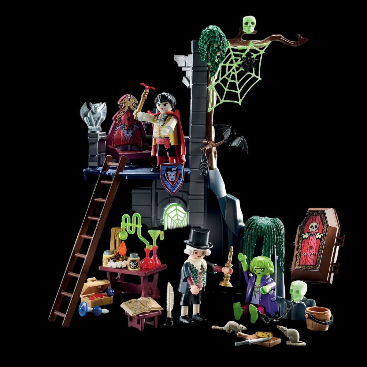 Toy set with Halloween-themed figures and props on a white background