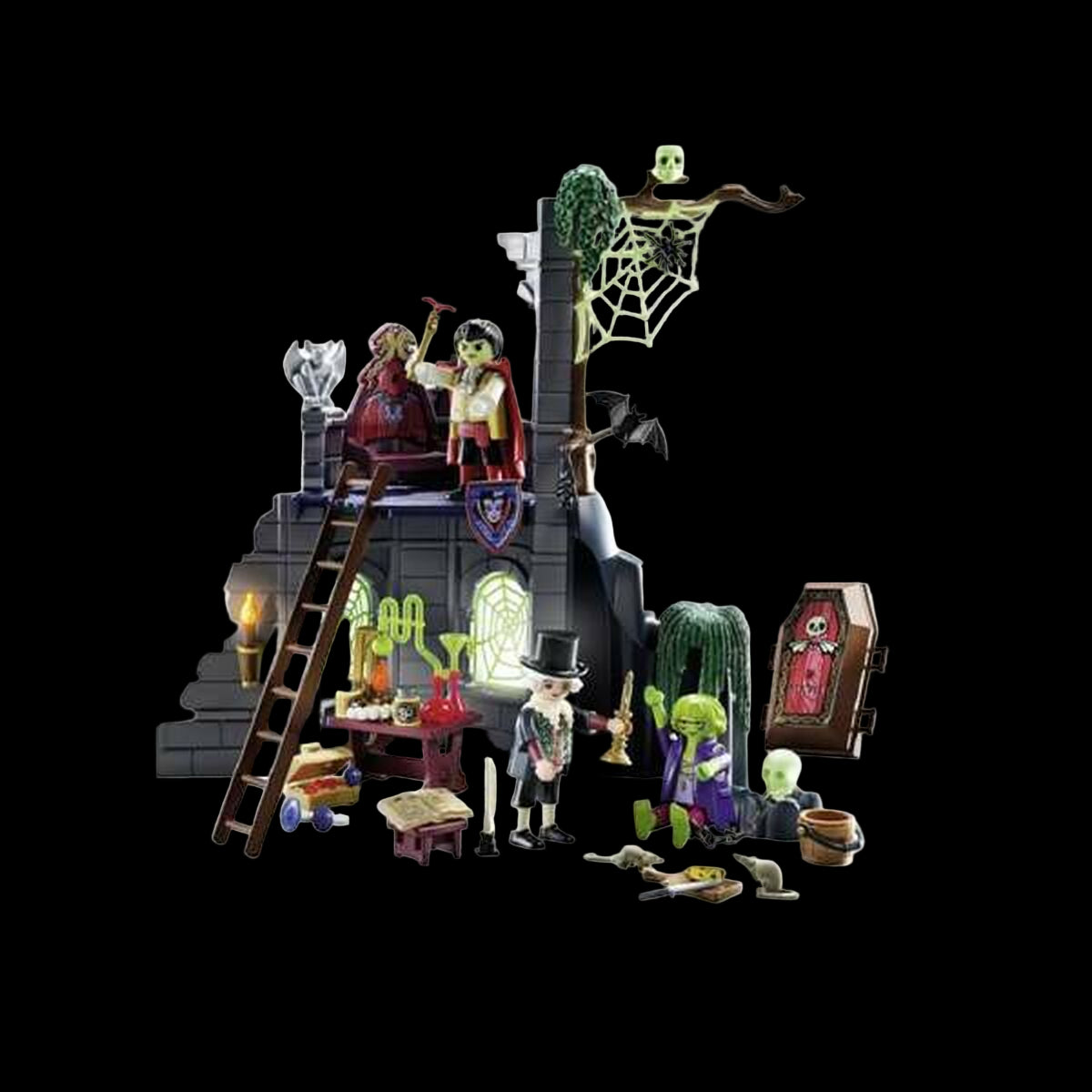 Toy set with characters and props on a white background