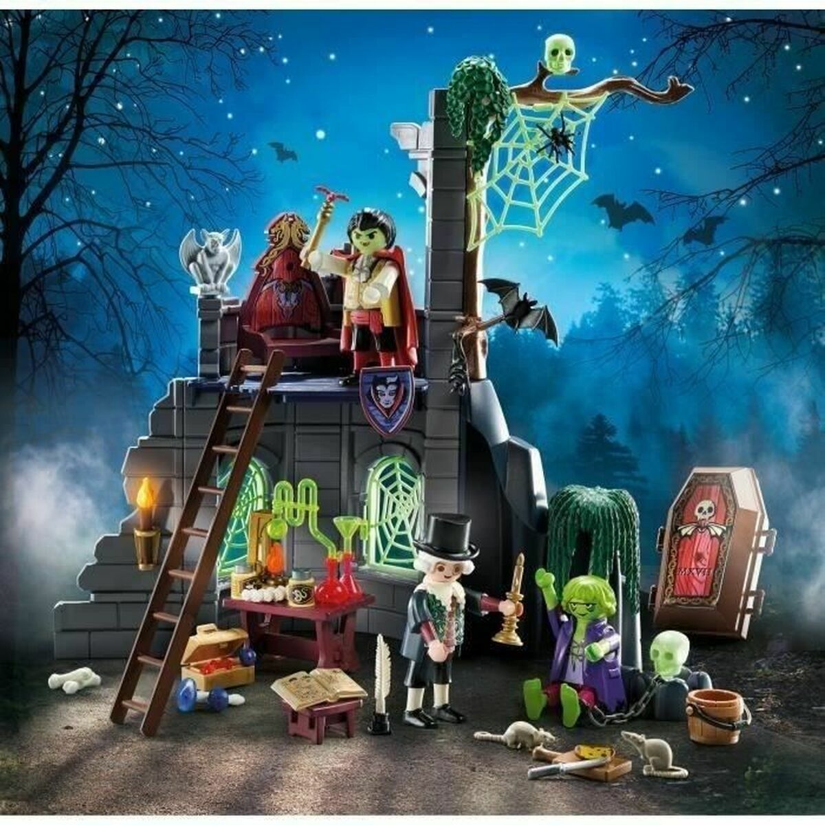 Halloween-themed playset with characters and props against a dark forest background.