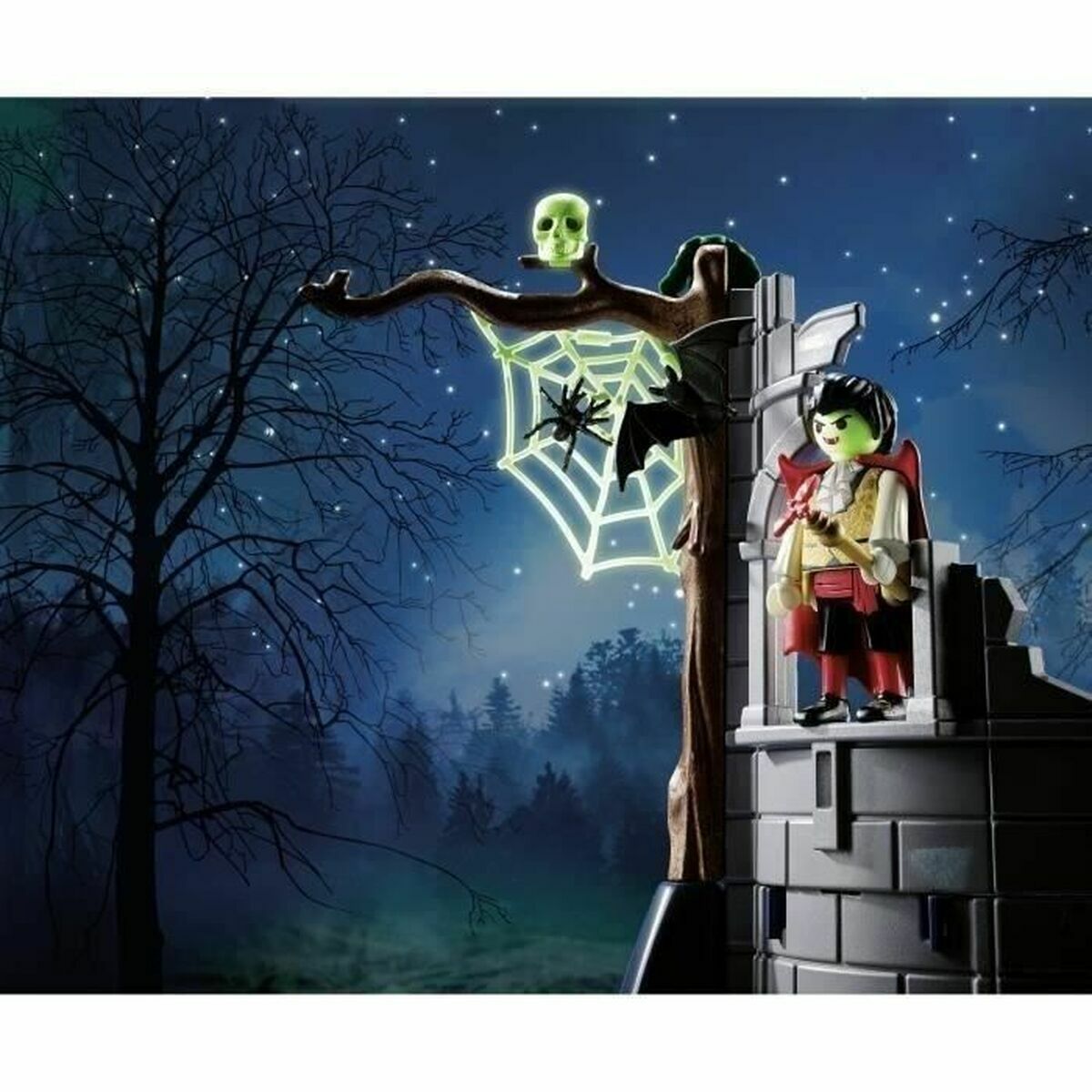 Toy figure on a castle tower with a glowing skull and spider web in a dark forest setting
