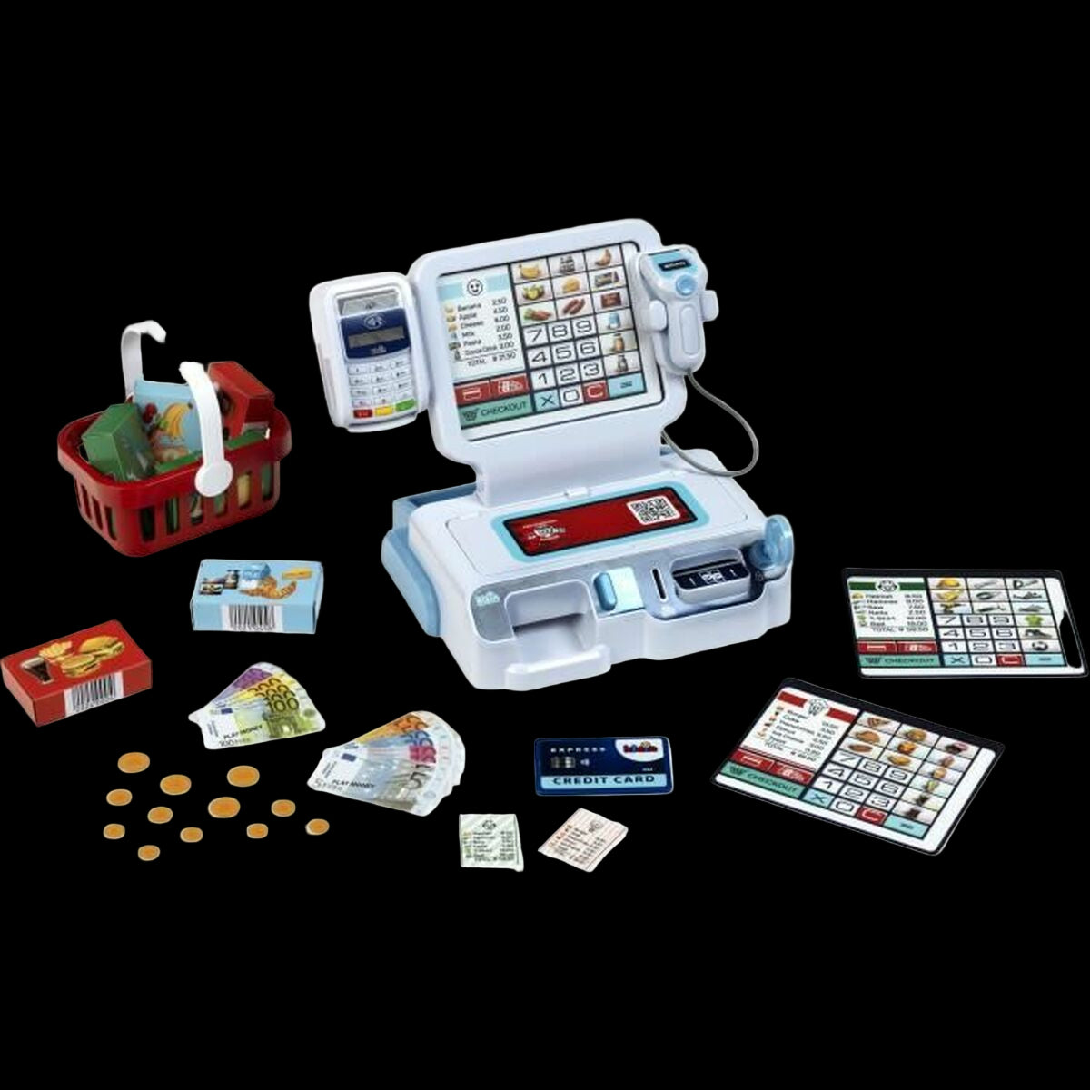 Toy cash register set with various accessories on a white background