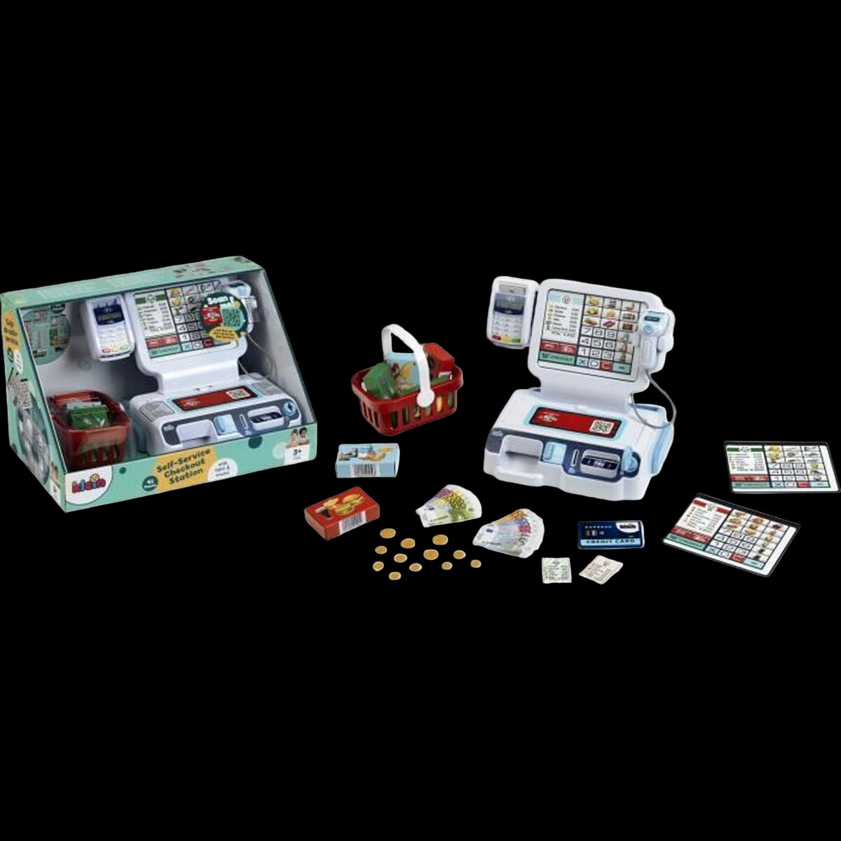 Toy cash register set with packaging on a white background